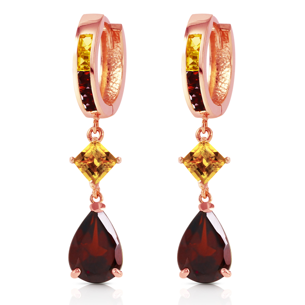 14K. HUGGIE EARRING WITH DANGLING GARNETS & CITRINES (Rose Gold)